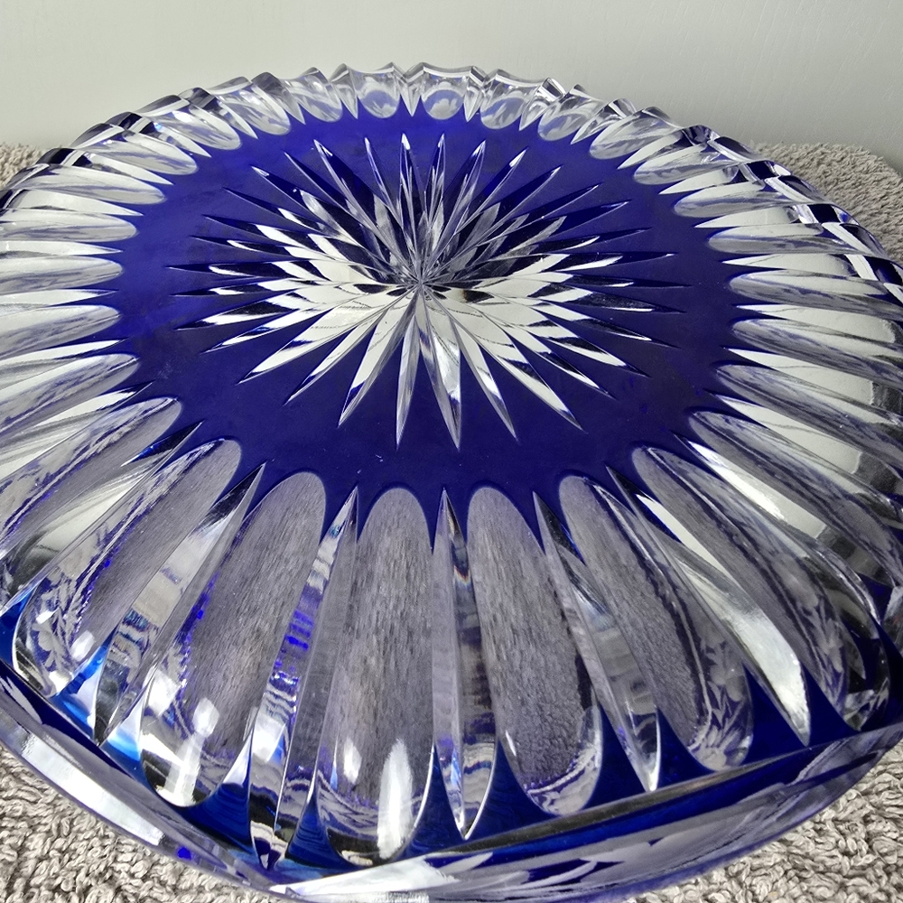 Lausiter Cobalt To Clear Crystal Bowl With Sawtooth Rim - Picture 10 of 12